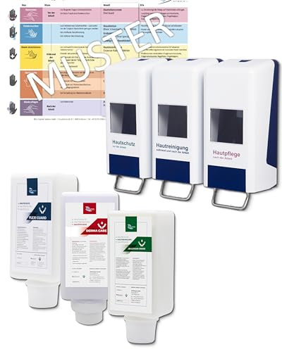 Tri-Spender (x1) Komplett Set - mit Füllmitteln (x6) & Hygieneplan (1x) für Hautpflege, Schutz &- Reinigung - lose auffüllbar. Ideal für Werkstätte & Produktionsstätten