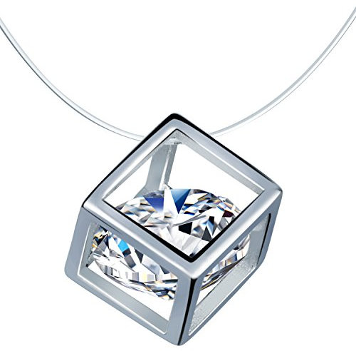 Unendlich U Modisch Würfel 925 Sterling Silber Zirkonia Damen Halskette Anhänger Solitär Kette Transparente Verstellbare Nylonkette, Silber