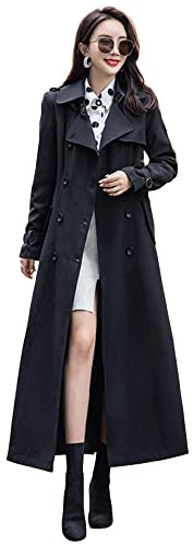 ebossy Women's Double Breasted Duster Trench Coat Slim Full Length Maxi Long Overcoat - black - Medium