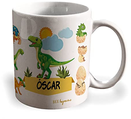 Bee Ingenious Taza dinosaurio personalizada con nombre.Regalos Niños y Niñas Personalizado.Tazas Personalizadas de Cerámica. (Velociraptor)