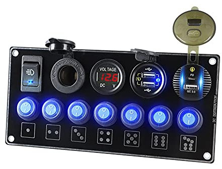 Asudaro LED Voltmeter Schalter Panel 6 Gang Schalter Panel Wasserdichte Dual USB Ladegerät Kippschalter PD+QC3.0 12V-24V Kfz-Ladebuchse Zigarettenanzünder Kippschalter EIN/AUS Für Autos LKW Boote