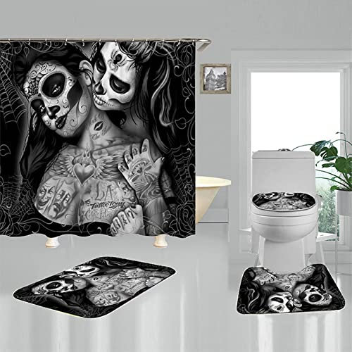 KnSam Duschvorhang, Anti-Schimmel Wasserdicht Vorhänge Gothic Totenkopf Tattoo Frauen Polyester Bad Vorhang Für Badezimmer Bodenmatte Duschvorhang Set Inkl. 12 Duschvorhangringen 180 X 200 cm