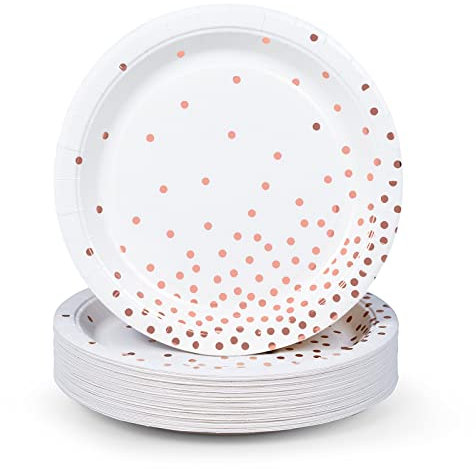 MATICAN Party Paper Plates, 50-Pack Disposable White and Rose Gold Plates, Foil Polka Dots, 9-Inch