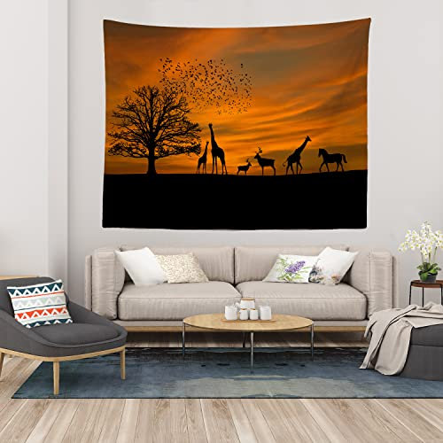 Shrahala Safari Sunset African Art Wall Tapestry, Safari Silhouette Wild Animals with Sunset Africa Wall Hanging Large Tapestry Decorations Tablecloth Bedroom Living Room Dorm(51.2 x 59.1 Inches)