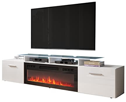 Mirjan24 TV Schrank mit Elektrischem Kamin Rozion, Realistische LED-Flamme, Mit Deko-Kristallen, Elektrischer Kamin mit Heizung, TV Lowboard (Weiß/Weiß Hochglanz, mit LED Beleuchtung)