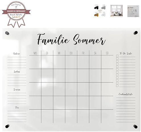 Wunsch Kalender - personalisierter Wandkalender - wählbar 3 bis 5 Namen - wiederverwendbarer Kalender aus Acrylglas – Familienplaner abwischbar als Hingucker für jeden Raum