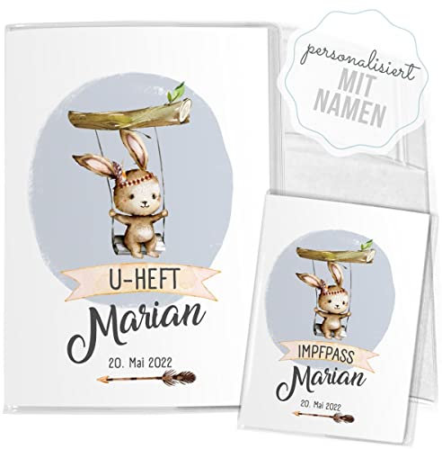 Mikalino Hülle für U-Heft + Impfpass Niedlicher Hase auf einer Schaukel mit Stirnband und Feder (Name, Datum) Impfpasshülle & Schutzhülle, Grösse:U-Heft Set 3-teilig personalisiert, Farbe:7010_Hase