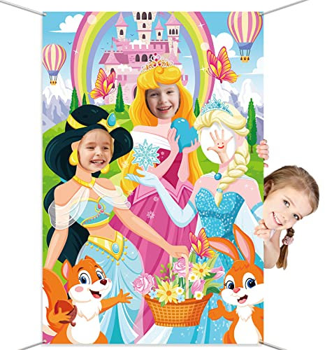 DPKOW Prinzessinnen Foto Requisiten für Mädchen, Lustiges Gesicht im Loch Fotobanner Prinzessinnen Türbanner für Mädchen Prinzessinnen Geburtstagsparty Deko, Groß Stoff Prinzessinnen Hintergrund Deko