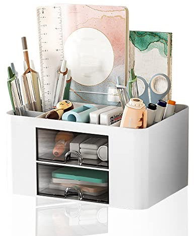 Schreibtisch-Organizer mit Schublade, Multifunktionaler Stiftehalter Schreibtisch Organizer mit 7 Fächern, Tisch Organizer aus Kunststoff für Bürobedarf, Stifteköcher für Büro Zuhause Schule (Weiß)