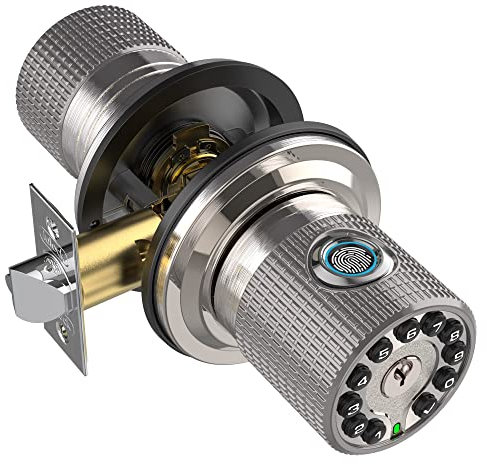 iuknob Fingerprint Door Knob with Keypad and Key,Smart Biometric Digital Lock with Voice Navigation Programming,Combination Electronic Handle for Interior Doors, Entry,Bedrooms,Garage(Satin Nickel)