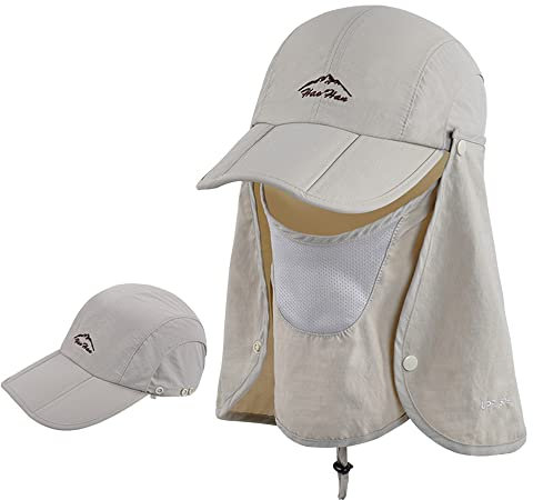 Erwachsene Baseball-Kappe, 3 in 1 Faltbar Schirmmütze mit Gesichts und Nacken UV-Schutz, Wandern Fischen Hut | Sommerhut | Safari Hüte | Baseball Cap für Herren und Damen (Khaki)