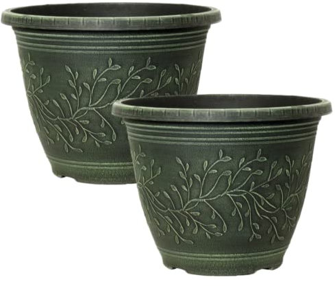 Fyne-Finds Set of 2 Round 28cm 11inch Garden Plant Pot Green Verdigris Flower Deco Rim Weatherproof, Drainage Hole Planter