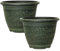 Fyne-Finds Set of 2 Round 28cm 11inch Garden Plant Pot Green Verdigris Flower Deco Rim Weatherproof, Drainage Hole Planter