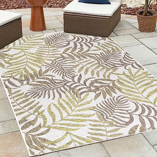 HomebyHome Outdoor Teppich Wetterfest 140x200 cm Sisal Optik Palmen Design Rechteckig Beige - Balkon Teppich Wasserfest Küchenteppich - Für Garten, Terasse, Camping, Außenbereich Teppich