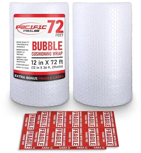 Luftpolsterfolie Pacific Mailer 1,6 cm x 30,5 cm x 2,5 m insgesamt [2 Rollen à 11,2 m] Luftpolsterfolie zum Verpacken von Umzugsbedarf, perforiert alle 30,5 cm