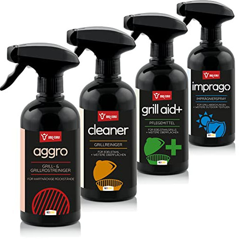 BBQ-Toro 4-teiliges Allrounder Pflege Set | Grill Reinigungsset und Pflege | Power-Reiniger Aggro, Grillreiniger Cleaner, Pflegespray Grill aid+, Imprägnierspray imprago | Zubehör, Grill-Spray