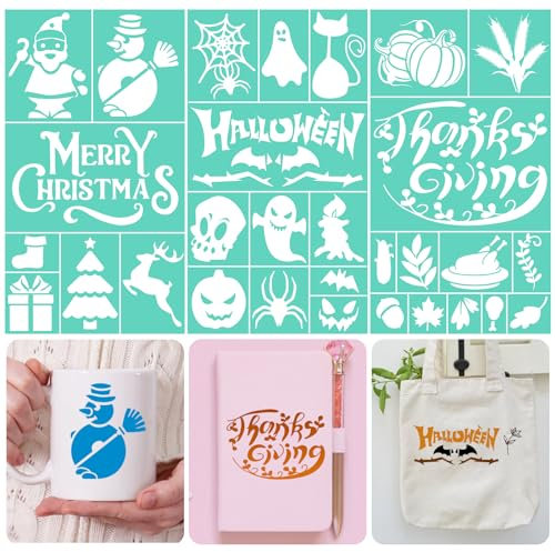 WANDIC Selbstklebende Siebdruck-Schablonen, 3 Stück, Kreidepaste, Farbschablonen, Weihnachten, Thanksgiving, Halloween, Netz-Transfer-Vorlagen für DIY
