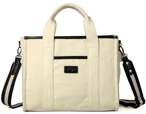Kasgo Canvas Tote Bag, Umhängetasche Damen Crossboday Casual Wiederaufnahme Totes für Dame mit Reißverschluss Taschen Schule Geldbörse Arbeit Reisen Weiß