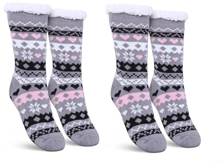 Bestlivings Haussocken Damen mit Teddyfutter - Hüttensocken mit Anti-Rutsch-Sohle - ABS Norweger Socken Herz - Kuschelsocken Einheitsgröße Stopper