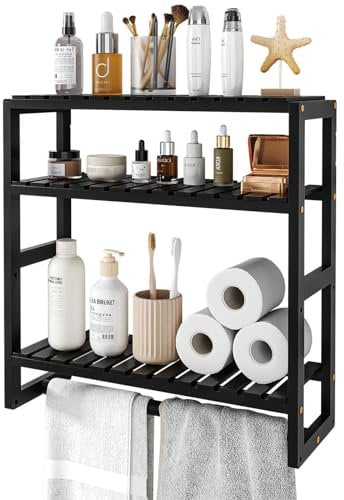 Bamworld Badezimmer Regal Badmöbel Bambus 3 Etagen Organizer Badezimmermöbel Für die Wand Platzsparend Modern (Schwarz)(42x15x42cm)