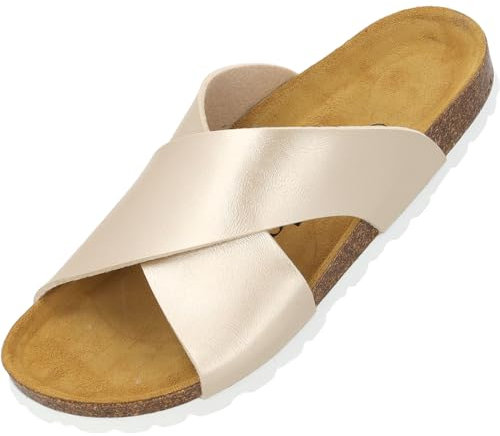 Palado Pantoletten Damen Rianel - bequeme Sandalen mit gekreuzten Riemen - Hausschuhe - modische Sommerschuhe Gold Metallic UK6 - EU39