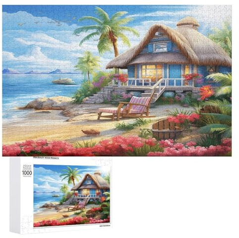 Strand Cottage 1000 Teile Puzzles Für Erwachsene Holzpuzzle Familienpuzzlespiel Stressabbau-Puzzle Für Erwachsene Kinder Ab 12 Jahren （75×50cm）