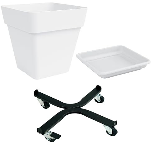 Nicoli Quadratischer Blumentopf Arké Quadro, Pflanzkübel aus Polyethylen für den Innen- und Außenbereich, elegant, matte Oberfläche, Maße 39 x 39 x 39 cm (weiß + Untersetzer + Wagen)