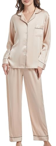 SHCNSJC Pigiama Seta Donna Pigiama Lungo da Donna, Pigiami Due Pezzi Donna Manica Lunga con Bottoni, Pigiama da Donna in Raso, Pigiama Donna Invernale, Set Pigiama da Notte S-XXL