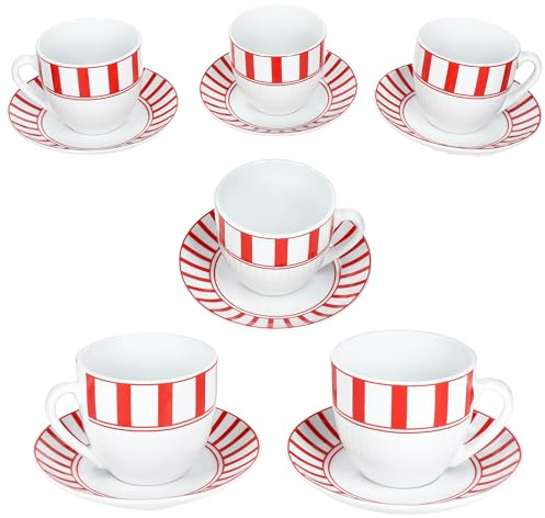 MamboCat Split rot Kaffeetassen mit Untertassen für 6 Personen I weißes Porzellan-Set mit Streifen für Frühstück & Kaffee I Je 6X Teetassen 200ml & Untertassen