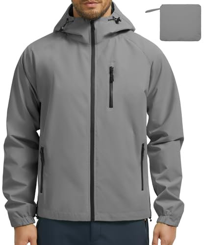 UMIPUBO Regenjacke Herren Wasserdicht Outdoorjacke Mit Kapuze Leicht Atmungsaktiv Dünne Rain Jacket Windbreaker Reflektierend Fahrradjacke Wanderjacke Übergangsjacke Laufjacke(Grau,M)