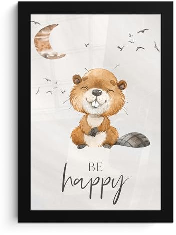 MuchoWow© Wandbilder mit Rahmen 20x30 cm Wanddeko Bilder Wohnzimmer Moderne Zimmerdeko Geschenk Bilderrahmen Kinder Zimmer - Sprüche - Be Happy - Mond - Biber