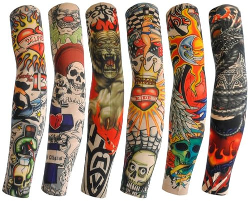 RUIOMII 6 Stück Tattoo-Ärmel, 100% Nylon, Luftdurchlässig und Komfortabel, Sonnenschutz Tattoo Ärmstrumpf für Fasching, Halloween, Unisex 38CM Tattoo Ärmel Herren und Frauen