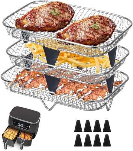 KAHEIGN 3 Layer Air Fryer Racks for Ninja Dual Basket, 304 Stainless Steel Stacking Bacon Rack Air Fryer Accessories for Ninja AF300UK /Double Stake XL SL400UK /Instant/EMtronics 2 Drawers Fryer
