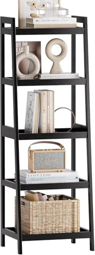 SMIBUY Bamboo Ladder Bookcase, Bathroom Storage Rack Organizer, 4 Tier and 5 Tier Freestanding Plant Display Stand Space Saver Shelves for Bedroom, Balcony (Black, 5 Tiers (127cm H))