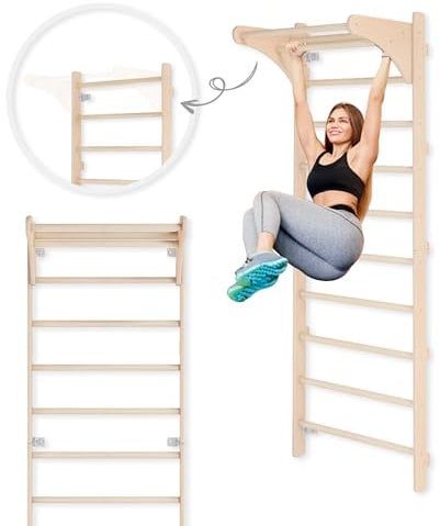 Pared de escalada de madera con barra de dominadas para adultos (230 cm), dispositivo de fitness multifuncional, escalera de escalada para adultos y niños, 100% ecológico, fabricado en la UE
