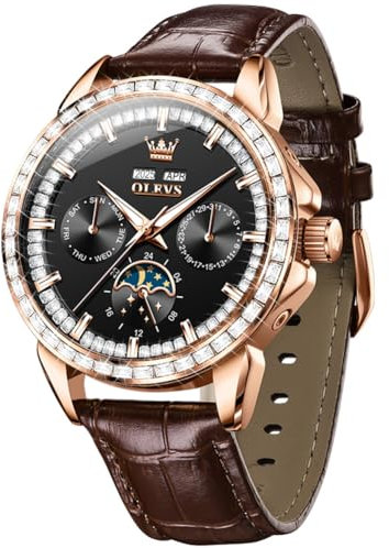 OLEVS Herrenuhr Leder Skelett Automatik Mechanisch Tourbillon Kalender Mondphase Leuchtend Wasserdicht Luxus Business Armbanduhr, 6695: Schwarzes Zifferblatt und braunes Leder