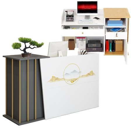 Empfangstheke Praxis, Verkaufstheke Ladentheke Tresen Holz, Empfangstresen mit Schaukasten Rezeptionstheke Friseur mit AbschließBaren Schubladen für Kassierer Grey 100cm