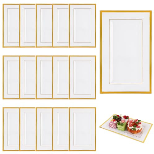 AKOLAFE 15 Stück Weiße Plastik Servierplatten mit Goldrand 33x20cm Servierplatten Rechteckig Plastik Servierplatte Groß Servierteller Wiederverwendbar Buffet Platten für Catering Hochzeiten Party