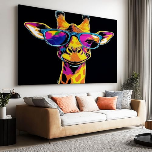 Großes Leinwandbilder Wandbilder Cartoon Bunte Giraffe Illustrationbild auf leinwand Wandkunst Modern Aesthetic XXL Kunstdruck Deko für Wohnzimmer Schlafzimmer Geschenk 160x80cm