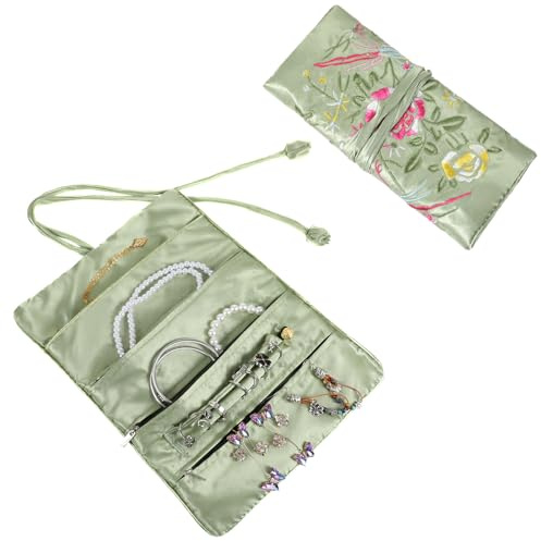 Schmuckrolle Reisen Schmuck Tasche Für Schmuckrolle mit Blumen und Vogel Stickerei, Schmuck Organizer, Faltbare Blumen Seide Tasche, Garten Design Stickereis für Ringe Halsketten Ohrringe Armbänder