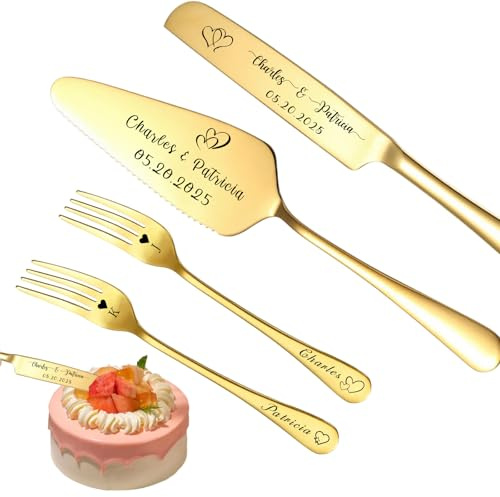 FKF Ensemble Couteaux et de Serveurs à Gâteau Mariage Personnalisés Ensemble sculpture et de Découpe de Gâteau Personnalisé Cadeau Personnalisé Pour Anniversaire (Or - avec fourchette)