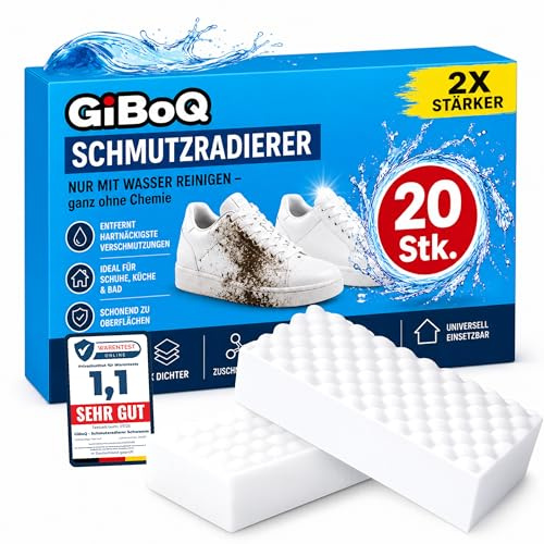 GiBoQ® Schmutzradierer [ 20 Stück ] Premium Extra Dicht Radierschwamm & Zauberschwamm – Magic Eraser für hartnäckige Flecken auf Küche, Bad, Weiße Wände, Schuhe, Sneaker & Auto