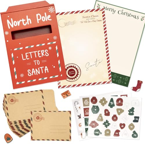 YYSWSAKY Wichtelpost Set Weihnachten, Inkl. Wichtel Briefkasten, 50 Briefpapiere, 25 Umschläge und 3 Aufkleber mit Zahlen 1-24, Stempel und Motiven, Wichtelbriefe Weihnachten, Wichtel Adventskalender