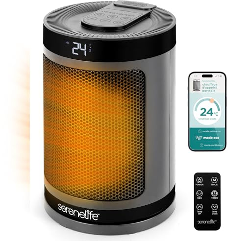 SereneLife Termoventilatore e Stufetta Elettrica da Bagno, 1500 Watt PTC Ceramico Wi-Fi Telecomando Timer 12 h 15 x 15 x 24 cm, Casa e Ufficio, Grigio, Capacità Flusso Aria Elevata, SLSPCHTRW3GY
