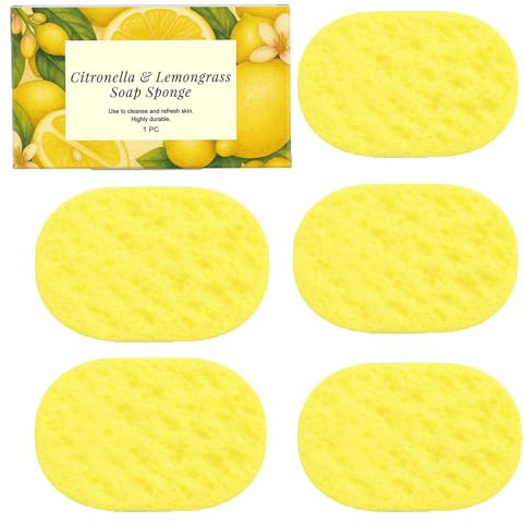 Citronella Lemongrass Soap Sponge, Fast Foaming Lemon Soap Sponge, Gentle Exfoliation, Deeply Cleansing, Softer and Convenient, Fresher Fragrance, Reusable, Suitable for Face and Body Skin (5pcs)