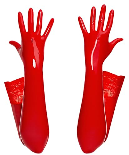FEOYA Damen Handschuhe Frauen Glänzend Glänzende Handschuhe Lang Wet Look Leder Spitze Gloves Elastische Nachtclub Karneval Kostüm