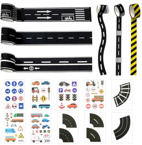 Foonary 16-Tlg. Road Railway Washi Tape Set – 6 Rollen Straße Klebeband & 10 Verkehrszeichen Aufkleber, Für Spielstraße Für Kinder, Kunstprojekte, DIY-Handwerk & Spielzeugauto-Szenen