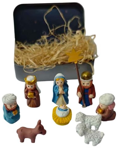 Generisch Krippen-Set in Einer Blechbox,Tragbare Mini 3D Heilige Figuren Religiöser Schmuck | Heilige Weihnachten Religiöse Dekoration,Für Schreibtisch Büro Schlafzimmer Wohnzimmer