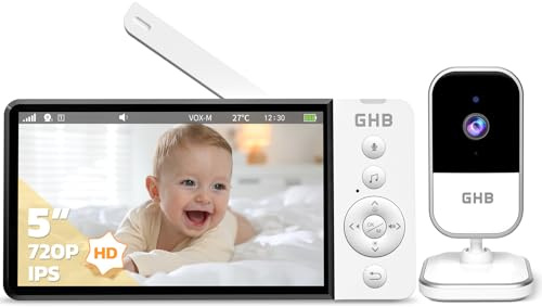 GHB Camara Vigilancia Bebe 5 720P HD Vigilabebes con Camara con Pantalla IPS de 5000mAh, Visión Nocturna, Comunicación Bidirecciona, Escucha Bebes, Modo de Ahorro de Energía, Zoom 4X