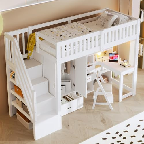 ZIDEY Hochbett 90x200 mit Kleiderschrank, Schreibtisch, Schubladen und Staufächer, Treppe mit Schrank, Kinderbett mit Lattenrost, Jugendbett, Einzelbett, Stockbett, Etagenbett, Ohne Matratze, weiß